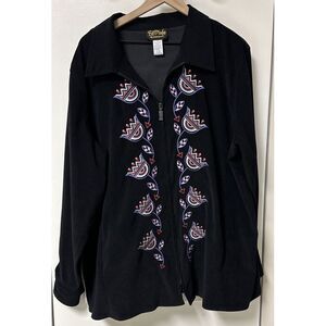 Bob Mackie Wearable Art Velour Floral Jacket 2X Black Velvet Embroidered‎ Zip